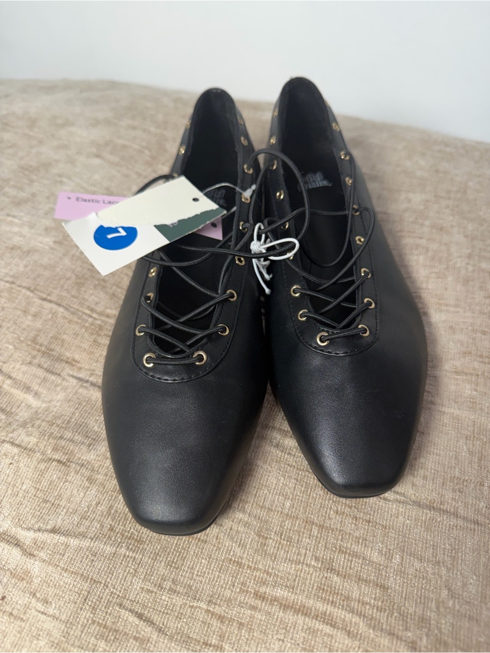 wild fable Black Lace-Up Pointed Flats with Gold Eyelets